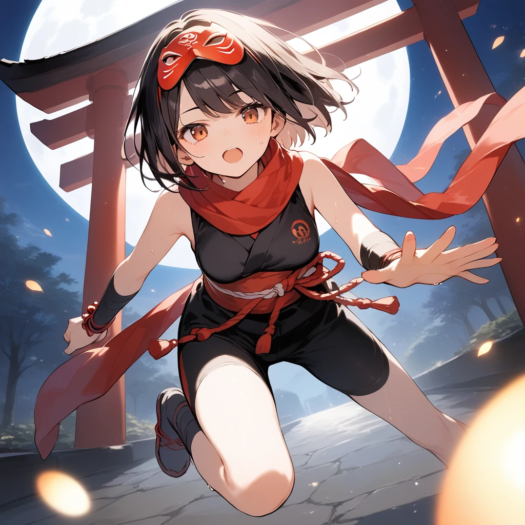 score_9, score_8_up, score_7_up, source_anime, best quality, masterpiece, official art, absurdres, highres, ultra-detailed,waifu2x,Collection: Slice of Life,break,1girl, ninja, noh mask, mask on head, short hair, breasts, beautiful detailed eyes, bike shorts, scarf, sweat, open mouth, expressionless, ninja stance, kunai, outdoors, torii, night, moon, wind,break,(clear line illustration:1.2), super detailed skin,very high resolution, very aesthetic, Best sexual lighting powered by famous artist, 8k,cute picture,beauty illustration,photoshop_(medium),,(Detailed Lighting),best anime 8k konachan wallpaper, pixiv contest winner,