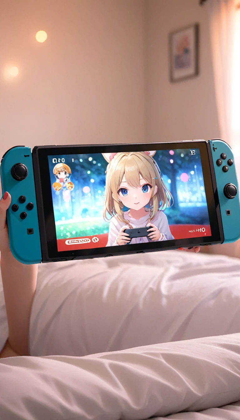 photograph, Anime girl on the Nintendo Switch screen, Bedroom, throw, Bokeh