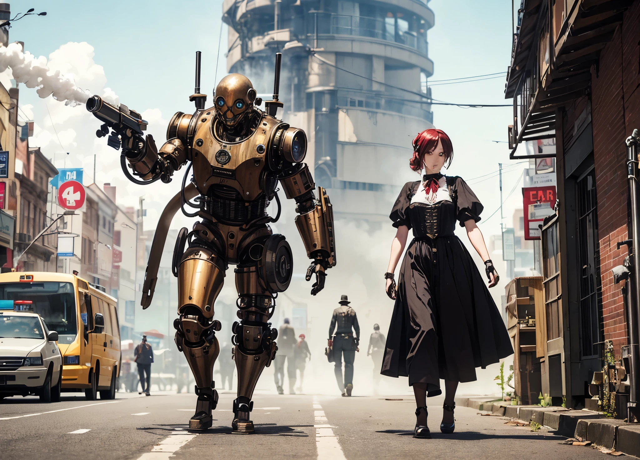 (steam punk)(a mechanical detective, humanoid, piston driven arms & legs, steam vents) walks the streets of the city seeking a wanted criminal