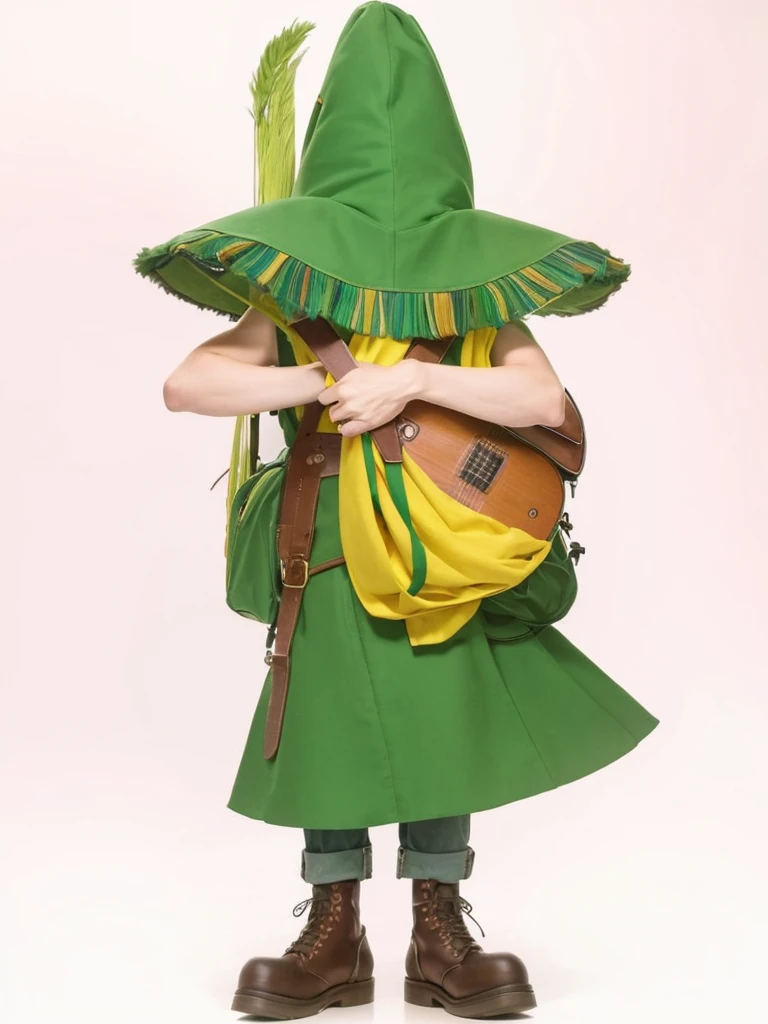 Green tricorn hat、Guitar and backpack on his back、Green clothes and yellow-green scarf、Cool adult man、Facing forward