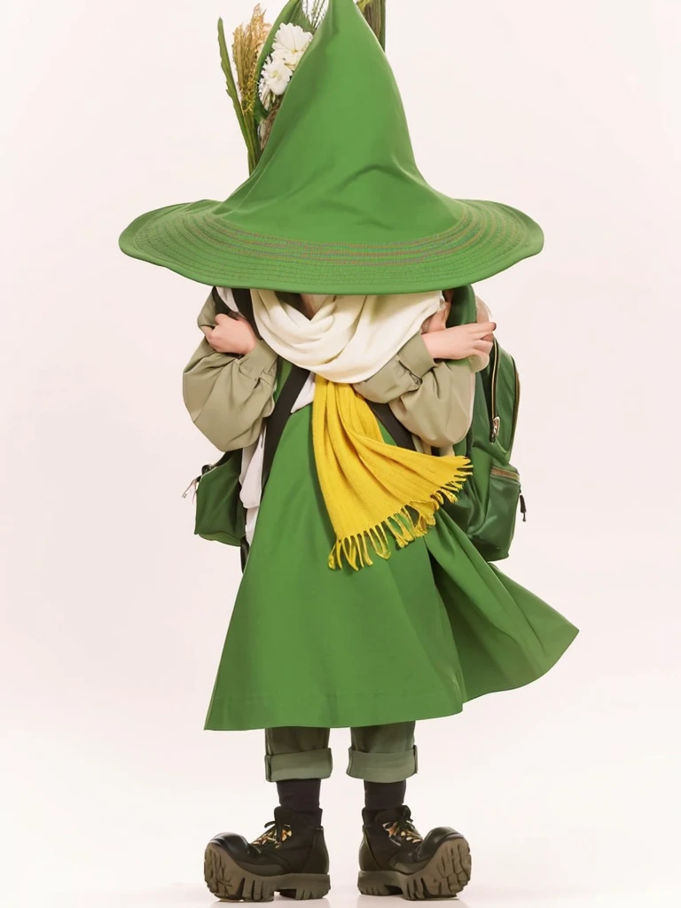Green tricorn hat、Guitar and backpack on his back、Green clothes and yellow-green scarf、Cool adult man、Facing forward