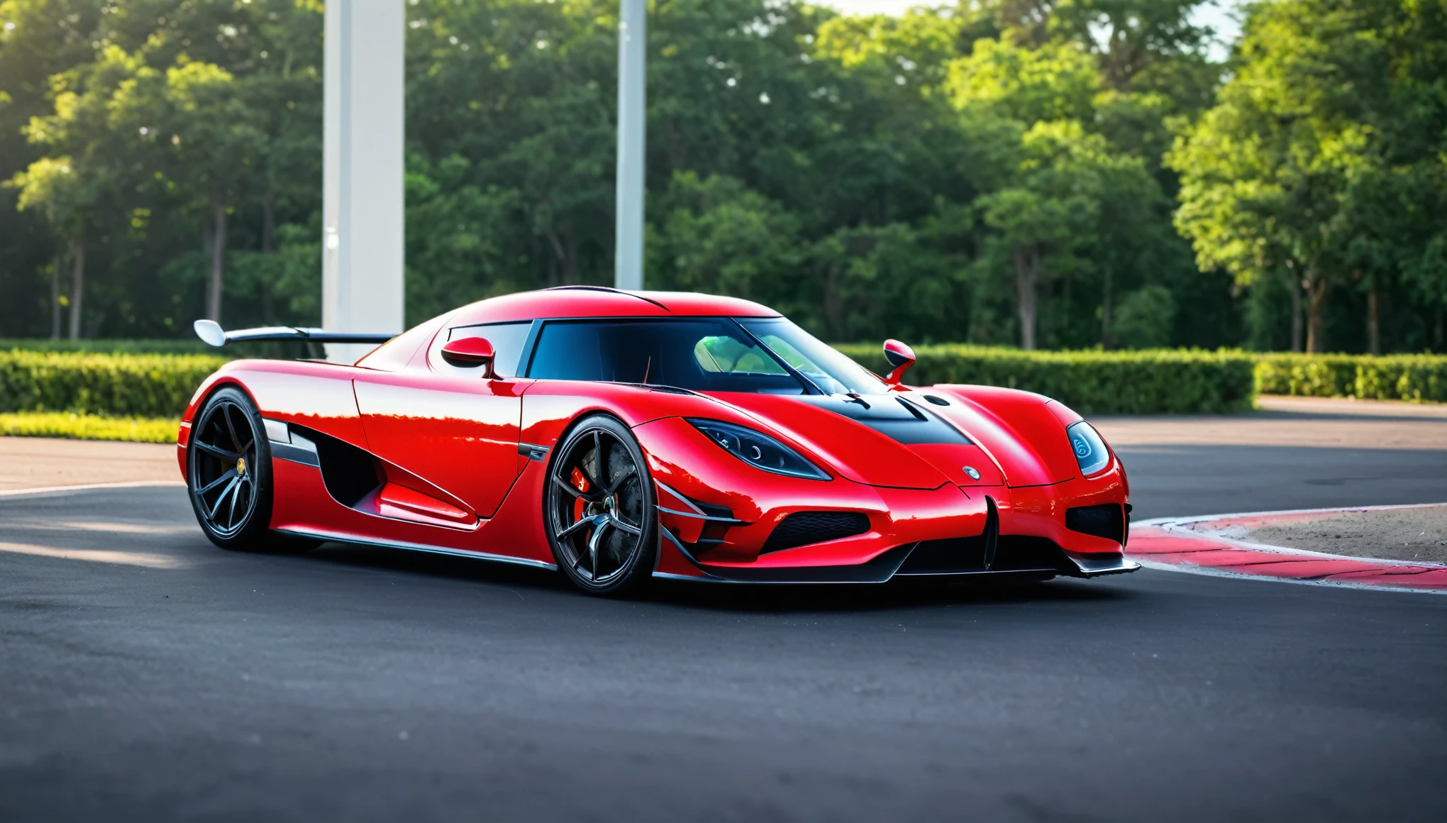 ((A realistic photo of a koenigsegg hyper Car)),cherry red color with chrome mag wheels, parked at a race trac on a summers day, best quality, very hi definition, 8k, curvy bikini Girls standing next to the car, (fine detail,)