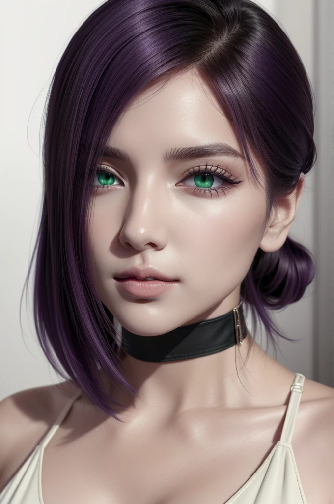 (masterpiece, best quality), intricate details, 1girl, Reze,green eyes, choker, hair between eyes, white skin, multicolor hair, purple hair, hair bun, short hair, perfect face, perfect aesthetic shape body, large breasts, white cropped dress, posing to viewer, 8k , ultra realistic.