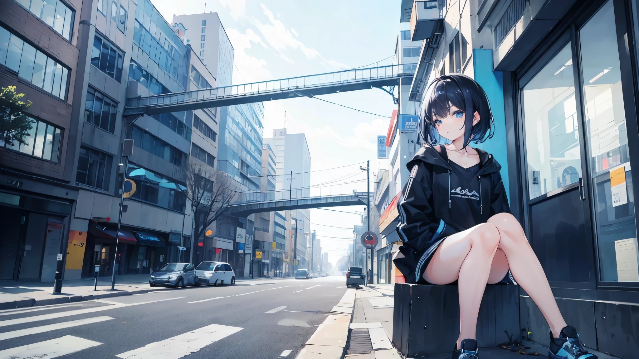 one girl, short mixed blue and black hair, light blue eyes, looking at the viewer, hands in her pockets, in an empty street, sitting on a desk, high resolution