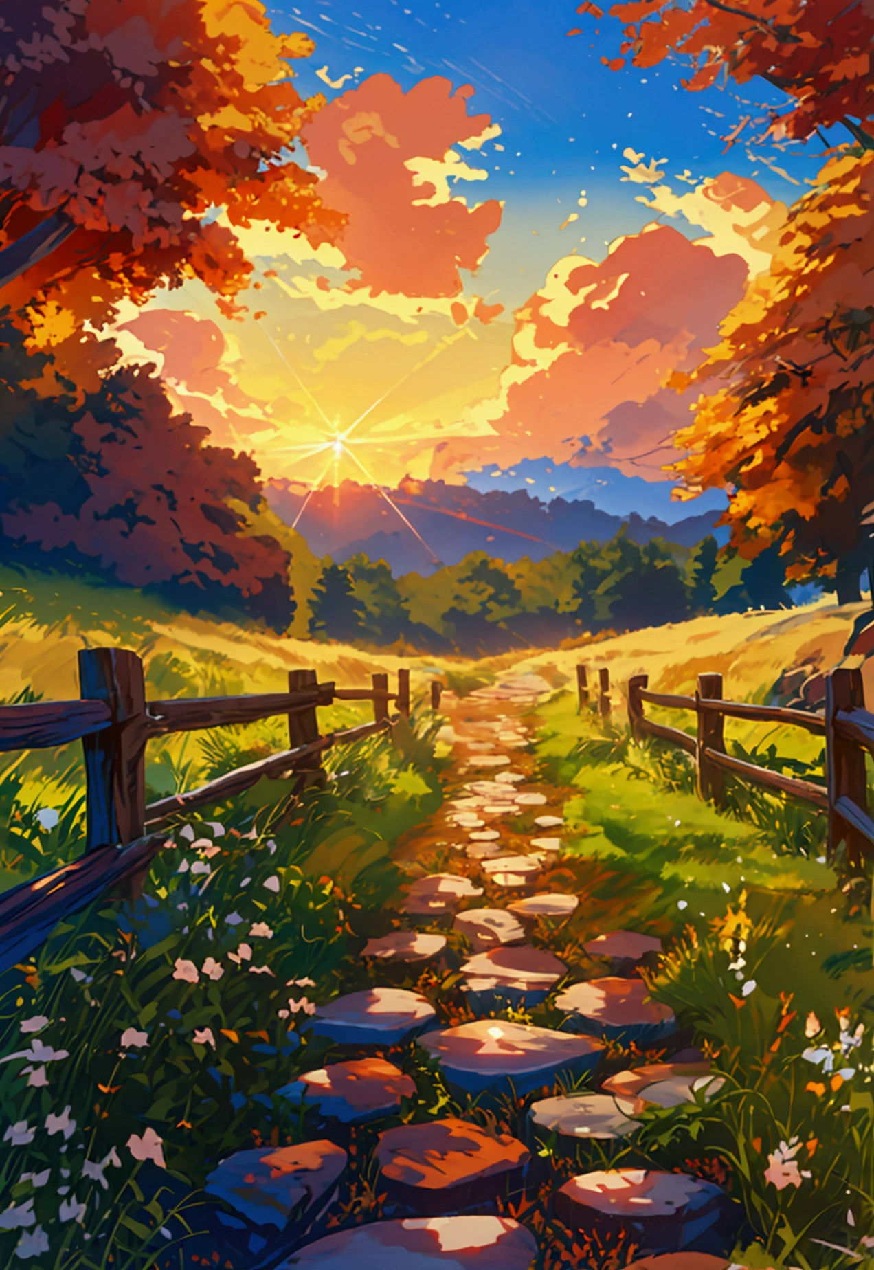 Please draw a landscape of pastureland. The meadow is lined with detailed wooden fences and the road is a textured stone path. Dappled light falls through the leaves, and the sun shining through the trees creates beautiful patterns on the ground. The sky is tinted with brilliant sunset hues, spreading warm sunset colors.
Gentle waves lapping at the shore and misty morning fog drifts in the air. glossy ceramic cups are placed on wooden tables, the tables are solid wood with a visible grain of detail. The table is decorated with polished wooden tables with a solid wood grain.
The style is 50% anime style, 70% realistic details, and the overall color palette is warm palette with vivid colors. In addition, add empasize intricate textures, highlight facial features, and enhance background details.
