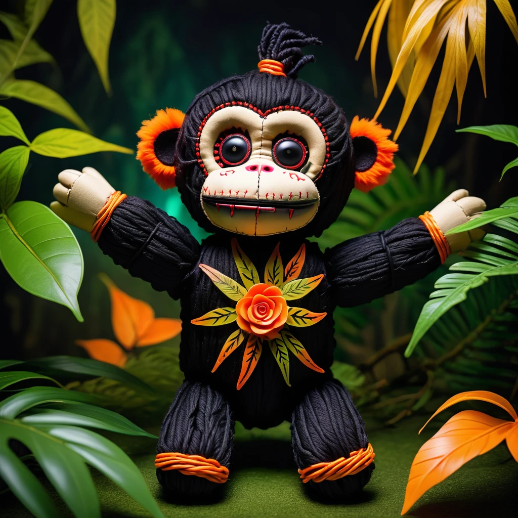(knitted toy voodoo doll:1.7), (Voodoo Monkey in Jungle:1.3), (Clothing: dark fur with glowing orange streaks:1.0), (Accessories: enchanted cursed vine, glowing ethereal tail, mystical haunted jungle:1.2), (background: eerie jungle with floating, glowing leaves and distant calls:1.2), best quality, masterpiece, detailed soft oil painting, detailed background, dramatic cinematic lighting, soft edge lighting, professional, dramatic lighting, hard edge lighting, ultra quality, 4k, masterpiece, best quality, 8k, ultra high definition, high resolution, extremely detailed