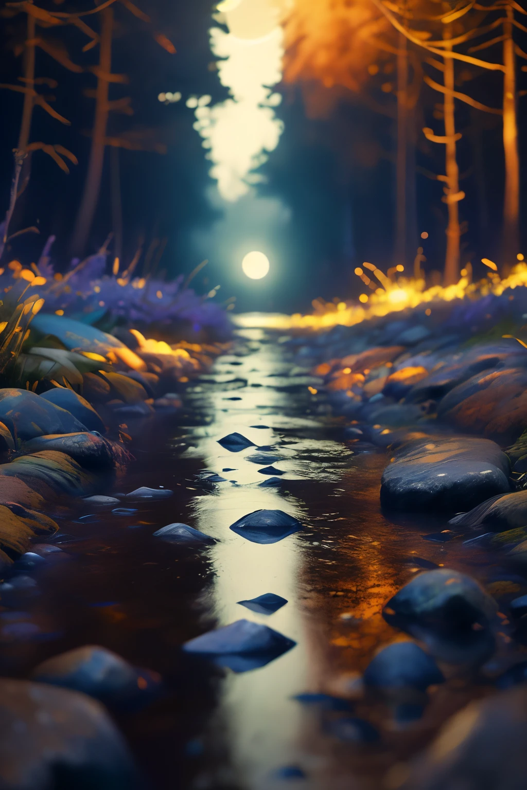 ((best quality)), ((masterpiece)), (detailed), very big monsters random evil shapes, is standing beside the samitarium, dark nights(bokeh lights) full moon and there are so many big trees, leap on the ground, stones