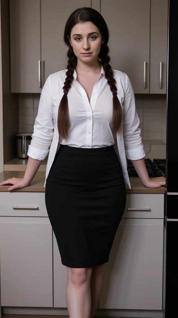 meghan trainor, secretary outfit, pencil skirt, ((wide hips)), thicc, sport jacket, standing in kitchen, 15 years old, hair in tight braid, sensual, shy, film grain, raw photo, masterpiece, photorealistic, high definition, tall socks, stalkings, flat chest, dwarf, short height, petit, small, ((small head))