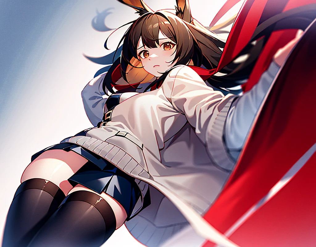 
Arknights, Amiya standing in the middle of the battle field, cinematic, high resolution, red-fiery background, best quality, masterpiece, detailed, brown eyes, long dark brown pony style hair, long pointy bunny ears, long sleeves black hoodie leather jacket, white cardigan with short dark blue skirt, black stocking with brown-ish light.