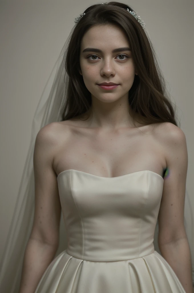 25 year old peggy carter, long brown hair, professionally styled hair and makeup, model photoshoot, masterpiece, photorealistic, high definition, ((wedding dress)), photostudio, pale skin, freckles, wide hips, small head, tiny head, (((Broad shoulders))), Smiling, happy, pale white skin, pink cheeks, pink skin, bright lighting