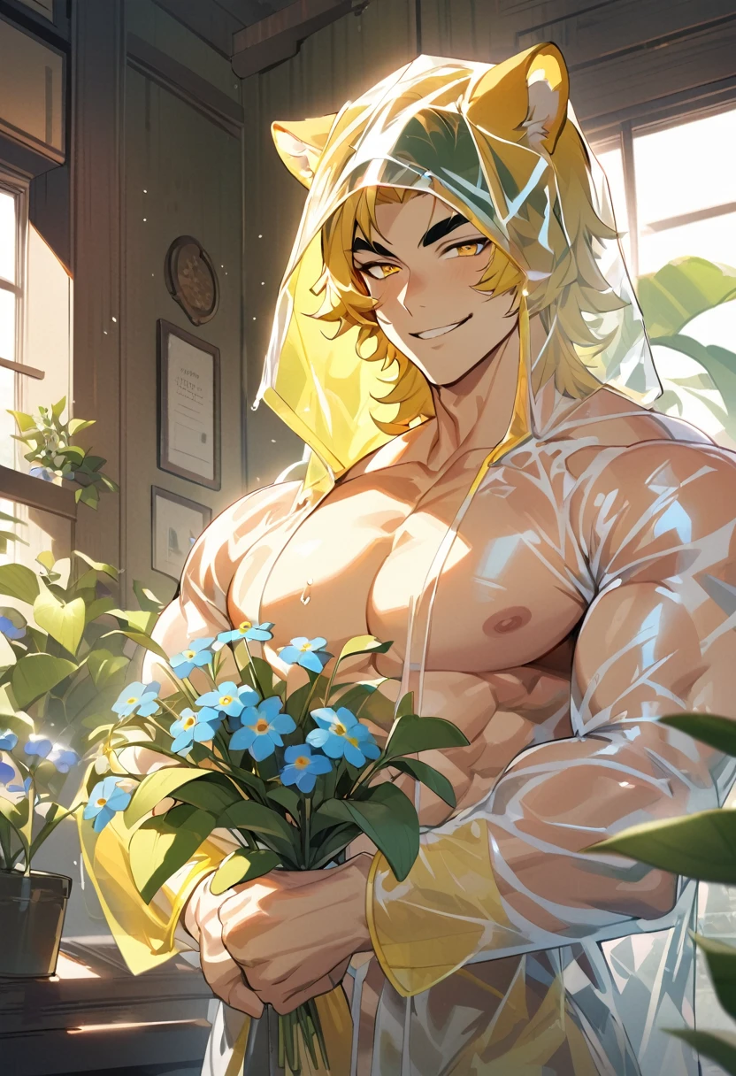 masterpiece,best quality,Detailed background,Hello，It's notHellong,New Jersey 5 Furry,window,Sunlight,The name of this plant is forget-me-not, Solitary,Solo Focus,male,male focus,anthropology,Tiger or dog,(sports:1.5), (Yellow Hair,,Black eyebrows:1.5),View Viewer, Exquisite eyes,Delicate eyes,Agate Eye,Puppeteer,5 fingers, (Transparent raincoat),Holding flowers，Smile，Waiting for someone to knock Hellom down，like,Strong body，majesty，He took the initiative to lift Hellos sHellort，Expose eight-haired abs and two tHellock pectorals Big muscle,Don&#39;t use pliers to hold clothes,Two sharp tiger teeth