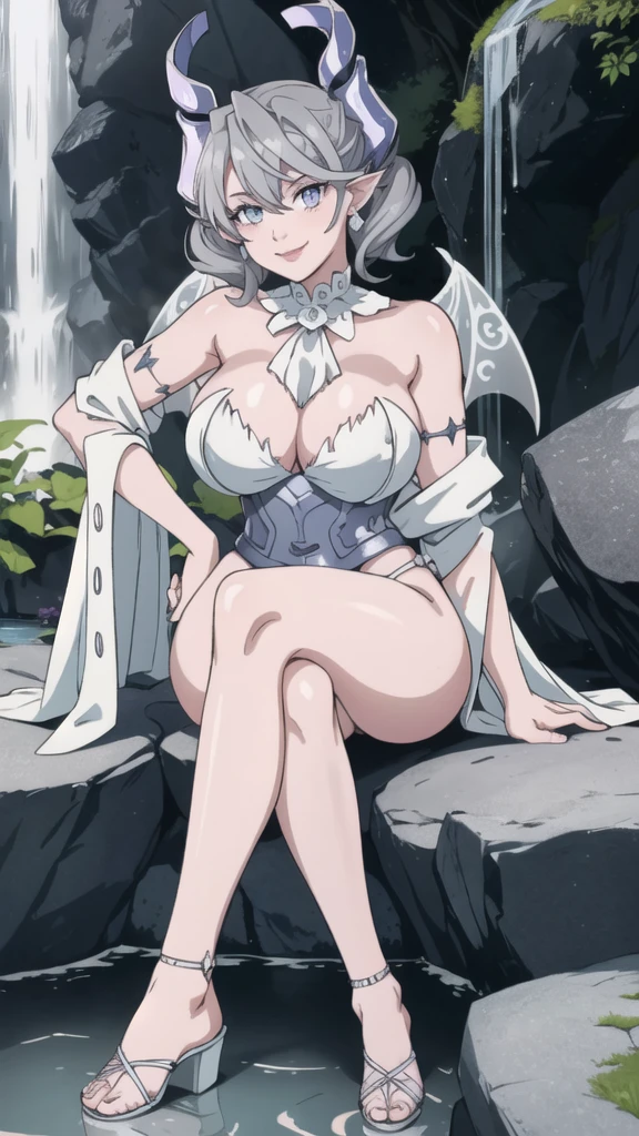 Waterfalls High level image quality best image quality 8K adult woman garden rocks outside more colors whole body view portrait wearing bikini white horn ears short hair((shortcut)(gray hair)(perm)(fluffy)) eye color is blue , , attractive evil face , smile , sexy pose , labrynth , barearm , wearing pink , wings , sitting , crossed legs, view foot arc