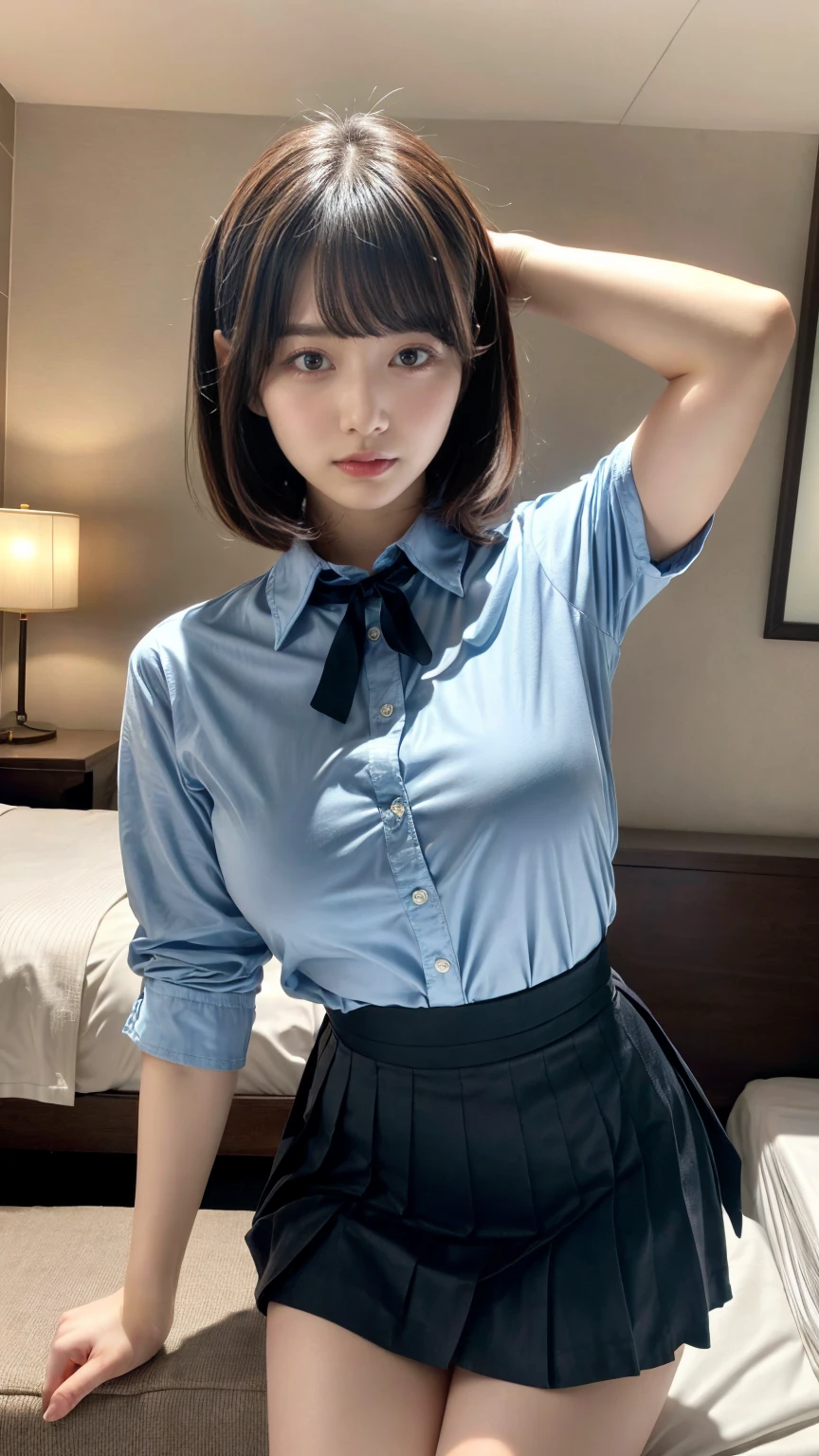 masterpiece, best quality, illustration, Super detailed, fine details, High resolution, 8K,wall paper, perfect dynamic composition,(Details High quality, realistic depiction of eyes:1.3), standing, (collared shirt:1.1), pleated skirt, short bob hair、black hair color, Big Natural Color Lip, bold sexy pose, crying a little、cold gaze, Harajuku style、acrobatic pose, 20 year old girl、cute type、lolita、beautiful legs, hotel room, gravure idol, Voluptuous thighs, large breasts