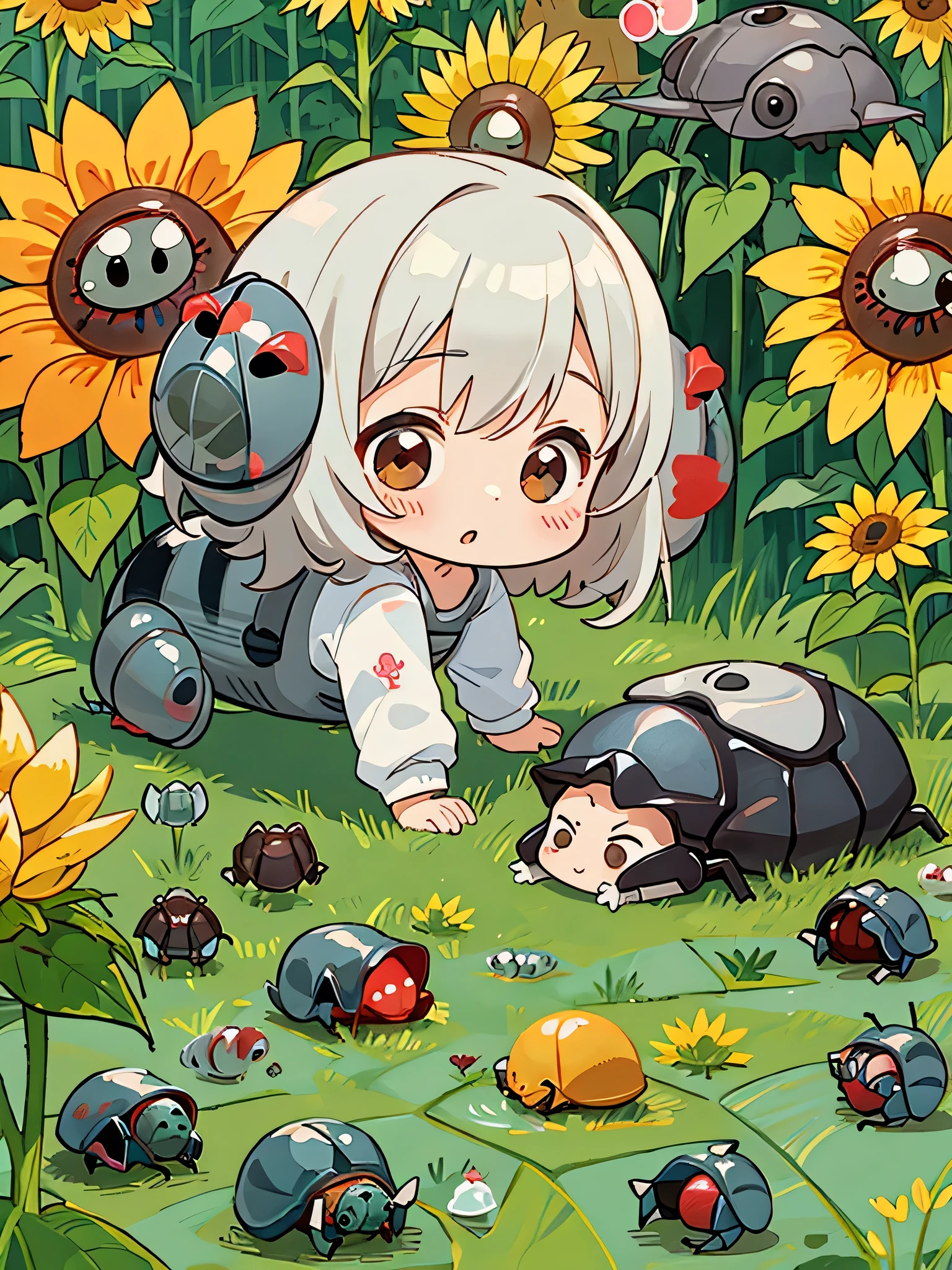 Black Star Red and White style, Kawaii Design, The most beautiful girl of all time、chibi, playing, (((Cute pillbug))), sunflowers