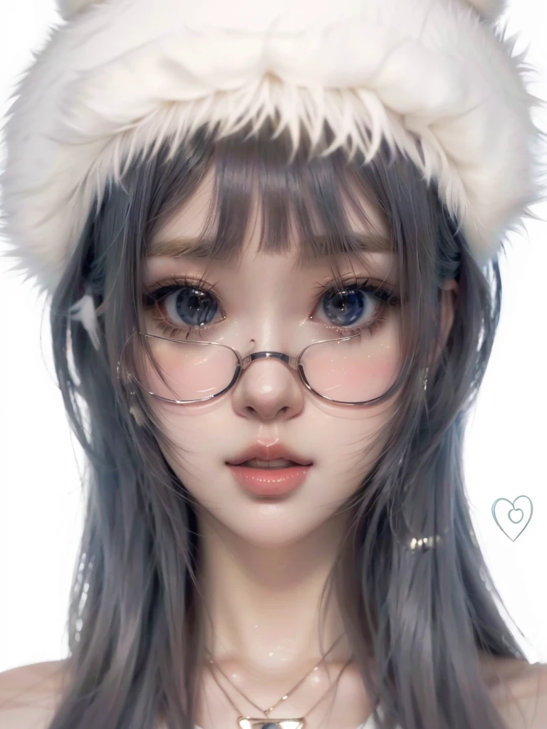 anime girl with glasses, white hat and necklace., Kawaii realistic portrait, anime style semi-realista, anime realism style, realistic anime art style, guweiz style artwork, realistic anime art style, 🤤 girl portrait, semi realistic anime, anime vibes, digital anime illustration, guweiz, anime style, soft anime illustration, retrato de anime style, voluminous lips, big mouth, furry white russian hat
