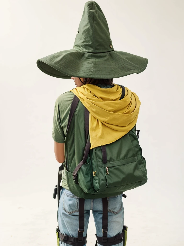 Green tricorn hat、Guitar and backpack on his back、Green clothes and yellow-green scarf、Cool adult man、Facing forward