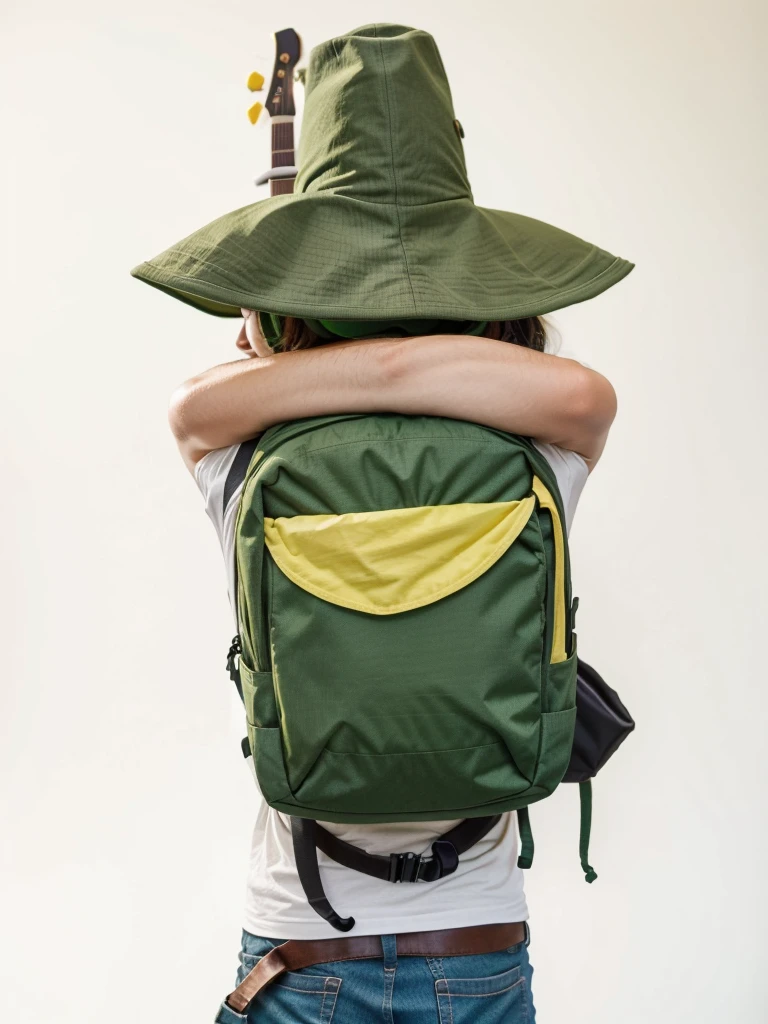 Green tricorn hat、Guitar and backpack on his back、Green clothes and yellow-green scarf、Cool adult man、Facing forward