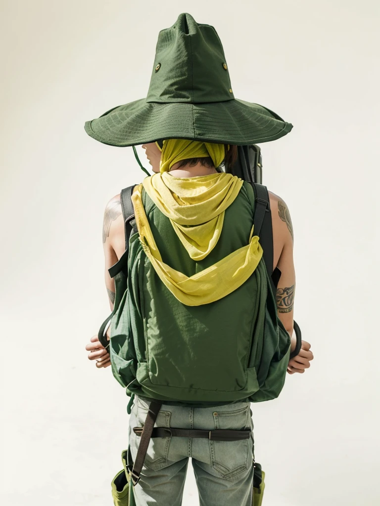 Green tricorn hat、Guitar and backpack on his back、Green clothes and yellow-green scarf、Cool adult man、Facing forward
