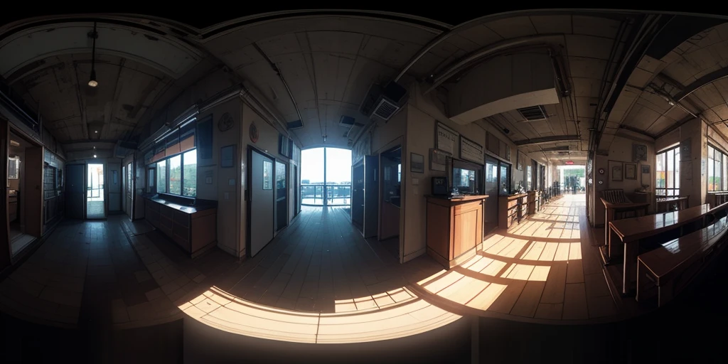 Equirectangular 360-degree panorama view photo with left and right ends seamlessly connected. first person, ((darkness)), fantasy, in a wasted mall