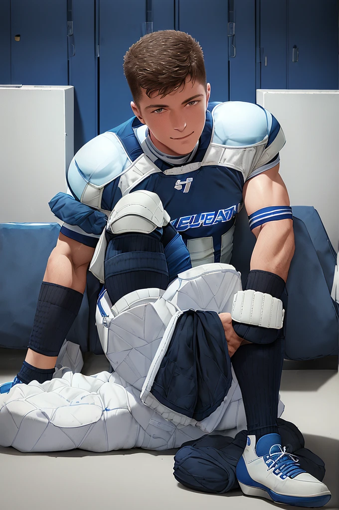 in a locker room, sitting on a bench, smiling, DmitryOsten, American football player wearing American football uniform, (American football shoulder pads), (blue jersey:1.5), jersey number 87, (white football pants and pads:1.3), (blue socks:1.4), (black sneakers:1.3), (((full body portrait))), wide angle 