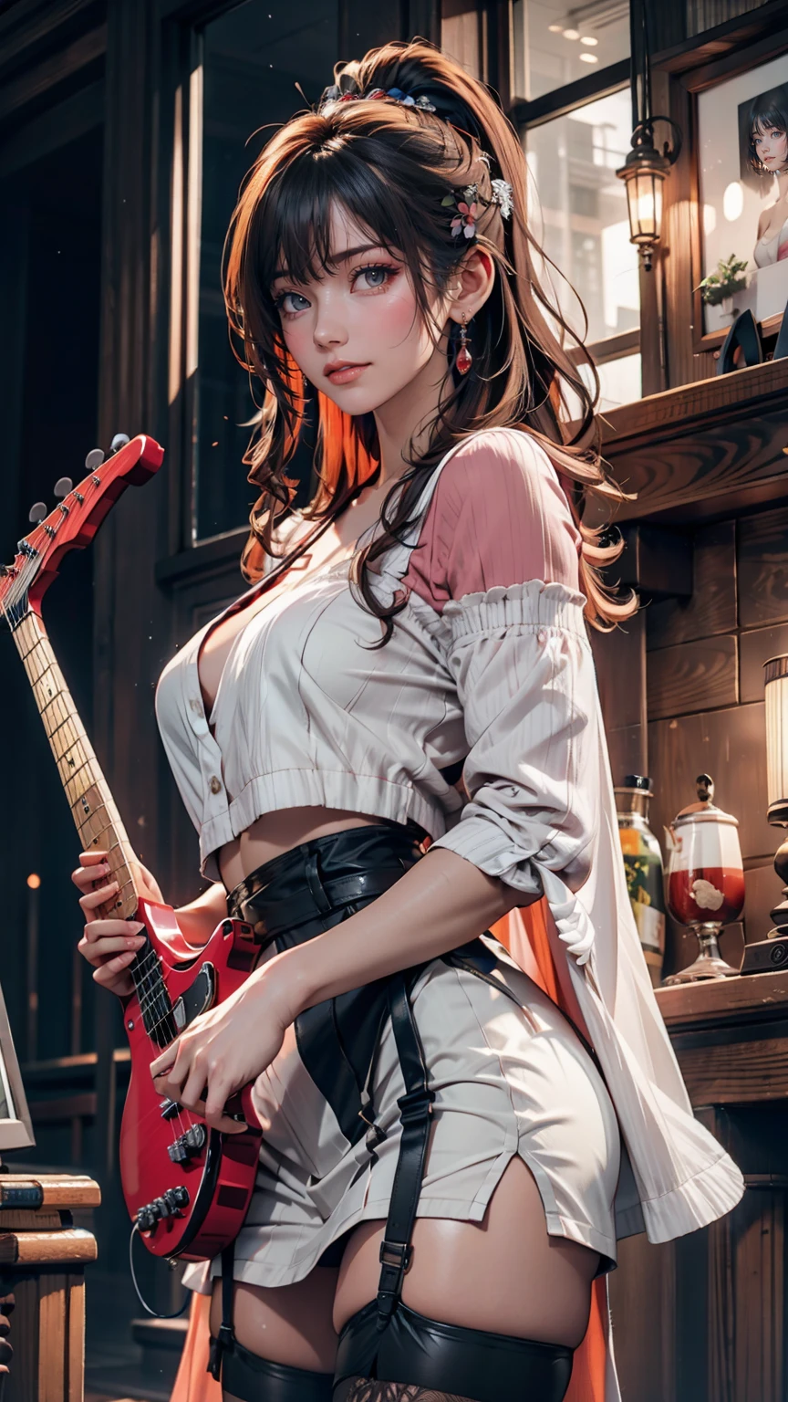 Highest quality,masterpiece,Ultra-high resolution,(Photo realistic:1.4),One Girl,View your audience,Japanese women,garter belt、Garter Stockings、punk、Three Women、Rock Live、Electric guitar、base、drum