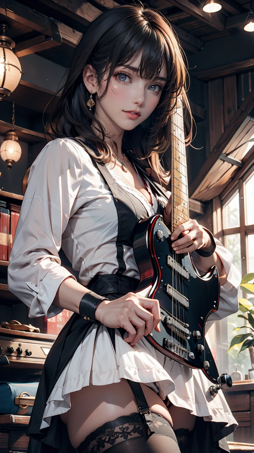 Highest quality,masterpiece,Ultra-high resolution,(Photo realistic:1.4),One Girl,View your audience,Japanese women,garter belt、Garter Stockings、punk、Three Women、Rock Live、Electric guitar、base、drum