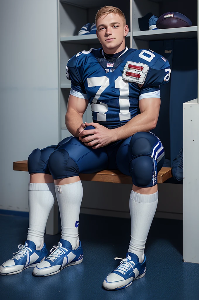 in a locker room, sitting on a bench, smiling, DmitryOsten, American football player wearing American football uniform, (American football shoulder pads), (blue jersey:1.5), jersey number 87, (white football pants and pads:1.3), (blue socks:1.4), (black sneakers:1.3), (((full body portrait))), wide angle 