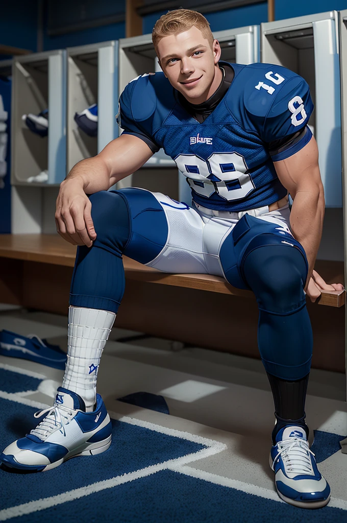 in a locker room, sitting on a bench, smiling, DmitryOsten, American football player wearing American football uniform, (American football shoulder pads), (blue jersey:1.5), jersey number 87, (white football pants and pads:1.3), (blue socks:1.4), (black sneakers:1.3), (((full body portrait))), wide angle 