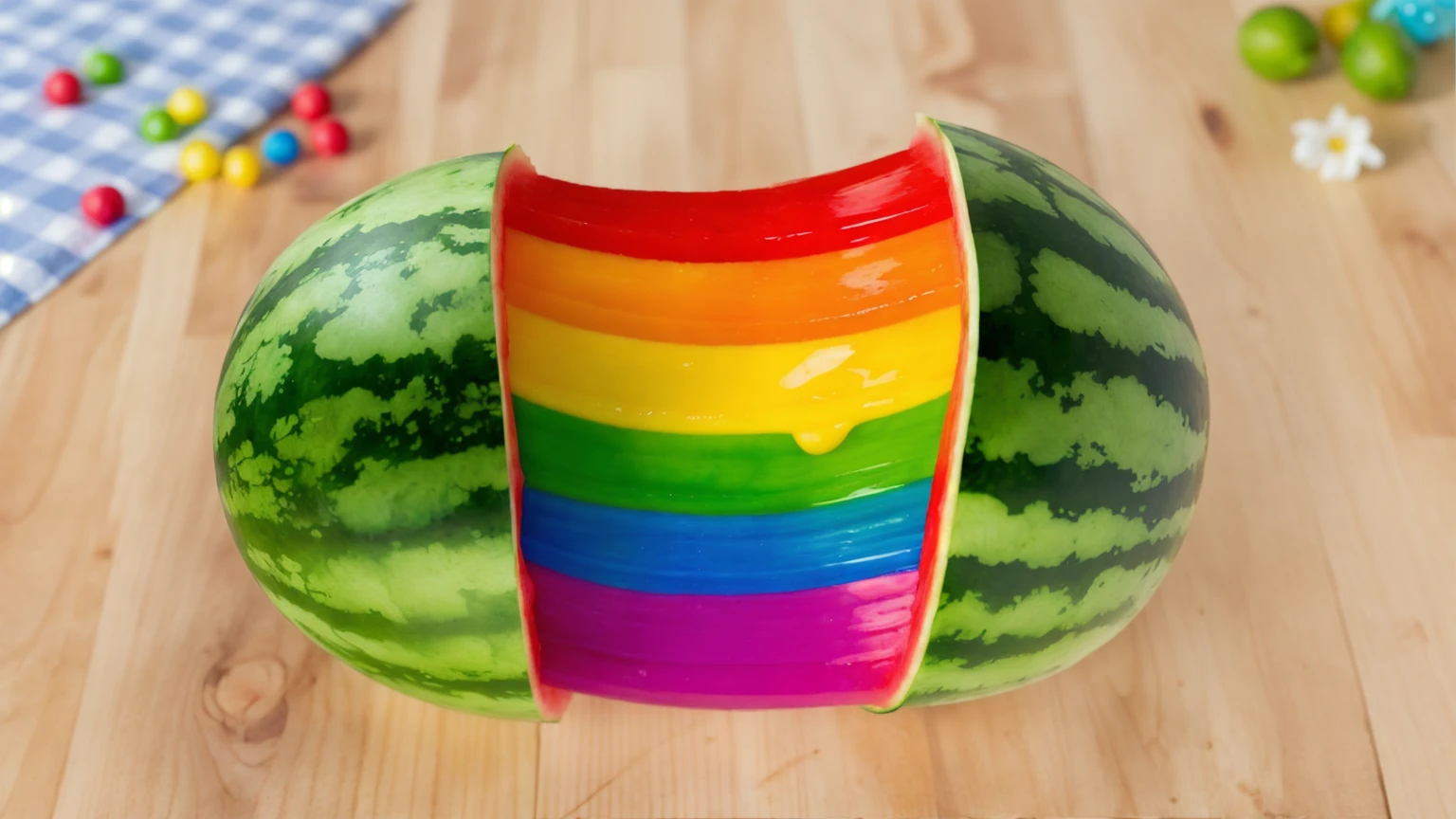on a wooden table, Watermelon divided into two parts, Rainbow cream flows out of watermelon rind, bright lighting, Realistic style , realistic texture, detailed texture, a high resolution, high quality, macro photography 