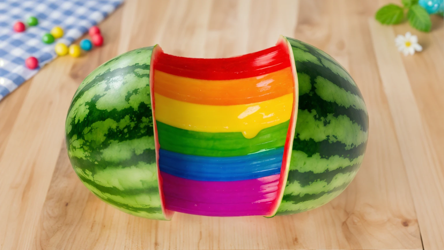 on a wooden table, Watermelon divided into two parts, Rainbow cream flows out of watermelon rind, bright lighting, Realistic style , realistic texture, detailed texture, a high resolution, high quality, macro photography 