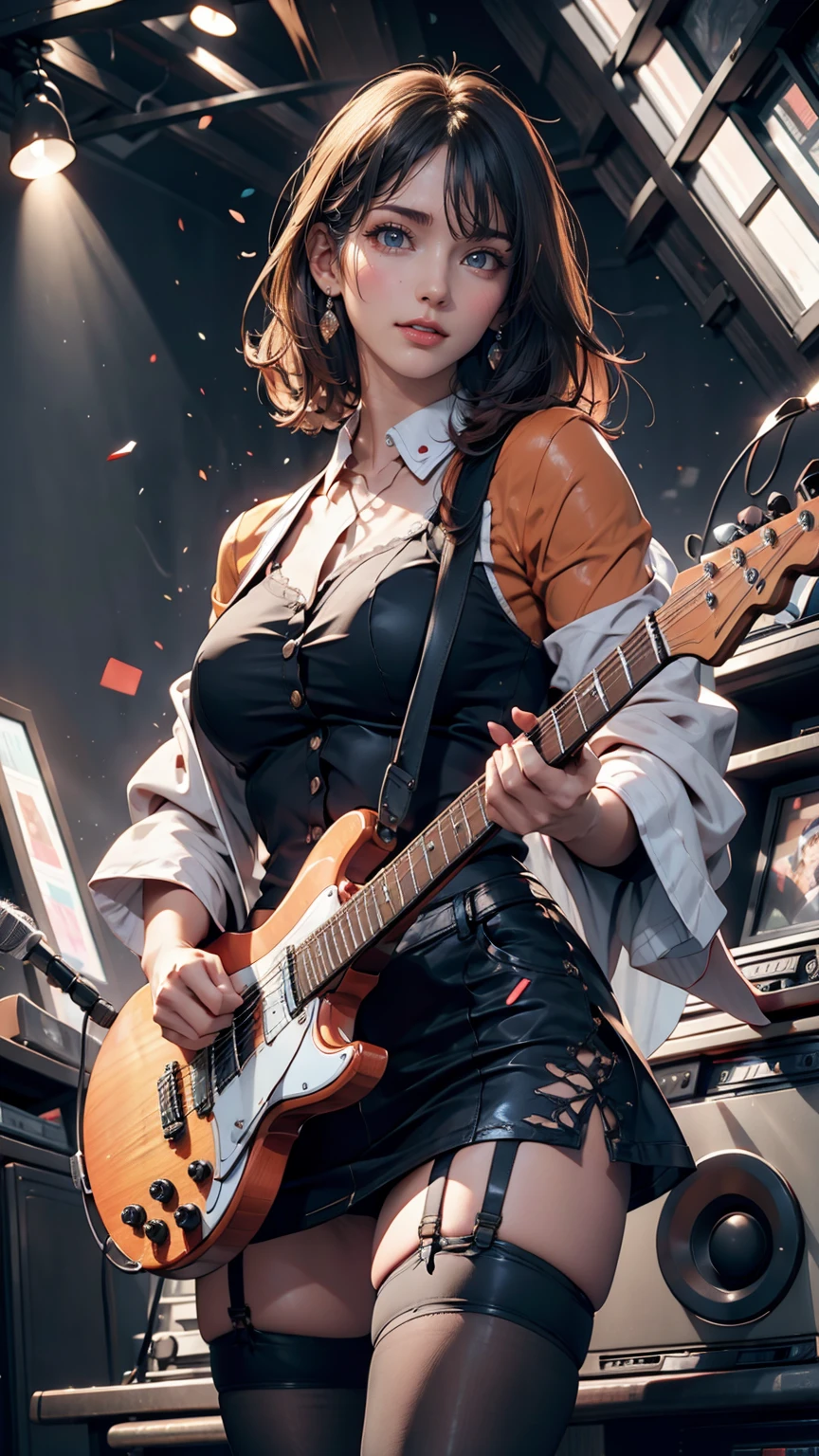 Highest quality,masterpiece,Ultra-high resolution,(Photo realistic:1.4),One Girl,View your audience,Japanese women,garter belt、Garter Stockings、punk、Three Women、Rock Live、Electric guitar、base、drum