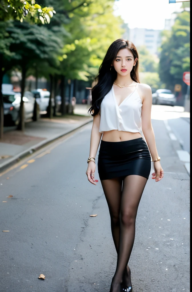 (masterpiece:1.3), (8 thousand, realistic, RAW photos, best quality: 1.4), (1 woman),(sheer silk blouse), (short skirt), (양쪽 다리와 양발에 짙은색 realistic 팬티 스타킹), (Stockings on both legs), (Wearing high heels on both feet with stockings), (full body shot), (outdoors in sunny weather), (walking like a model), (Beautiful makeover), (very beautiful body) , (Realistic and very beautiful face), (long eyelashes), (double eyelid), (Very beautiful eyes, realistic and delicate), (big bust) , (Strong body through exercise), (beautiful abs), (Beautiful heaps), (tall), (realistic face), (black hair. parted, long hair:1.3), (아름다운 parted스타일), (realistic and beautiful skin), (absurd), (attractive), (ultra high resolution), (extremely realistic), (very detailed), (golden ratio), (Two long, realistic and beautiful legs), (realistic 팔), (necklace), (earring),(beautiful nails manicure), (So beautiful and sexy), (perfect secretary look)