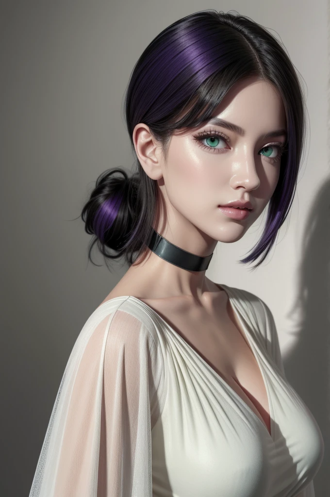 (masterpiece, best quality), intricate details, 1girl, Reze,green eyes, choker, hair between eyes, pure white skin, multicolor hair, purple hair, hair bun, short hair, perfect face, perfect aesthetic shape body, large breasts, white cropped dress, posing to viewer, 8k , ultra realistic.