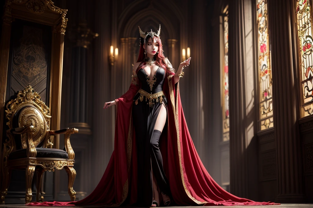 In the dark castle throne room on the huge royal throne in seductive pose siting beatiful demon queen, She have beautiful face with pink eyes rakr eye shadows and dark lipstick sexy make up, golden ring shape earrings on her ponty ears. she have long gorgeous bloody red hair.. dressed in majestic sexy black royal robe with golden metal parts, also she have tattoo all over her body her hands have lonf beautiful nails, (ultra high quality fantasy art, ghothic dark fantasy style, masterpiece, ultra high quality character design, 8k quality anime art, realistic anime art, top quality wallpaper illustration, detailed ultra high quality accurate face, high quality design and accurate physic)