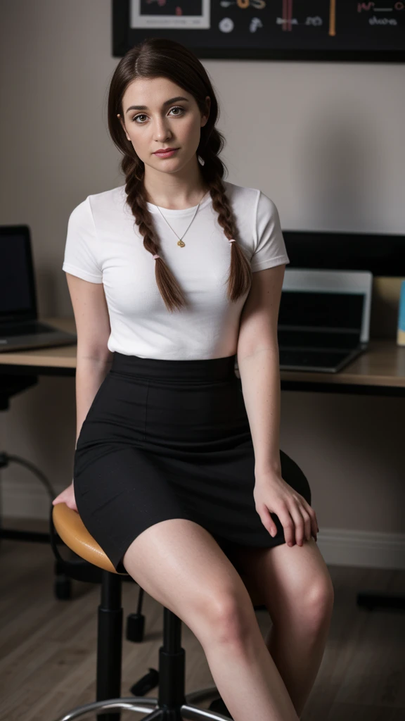 meghan trainor, secretary outfit, pencil skirt, ((wide hips)), thicc, sitting at desk, 35 years old, hair in tight braid, round glasses, sensual, shy, film grain, raw photo, masterpiece, photorealistic, high definition, tall socks, stalkings, flat chest, dwarf, short height, petit, small, ((small head))