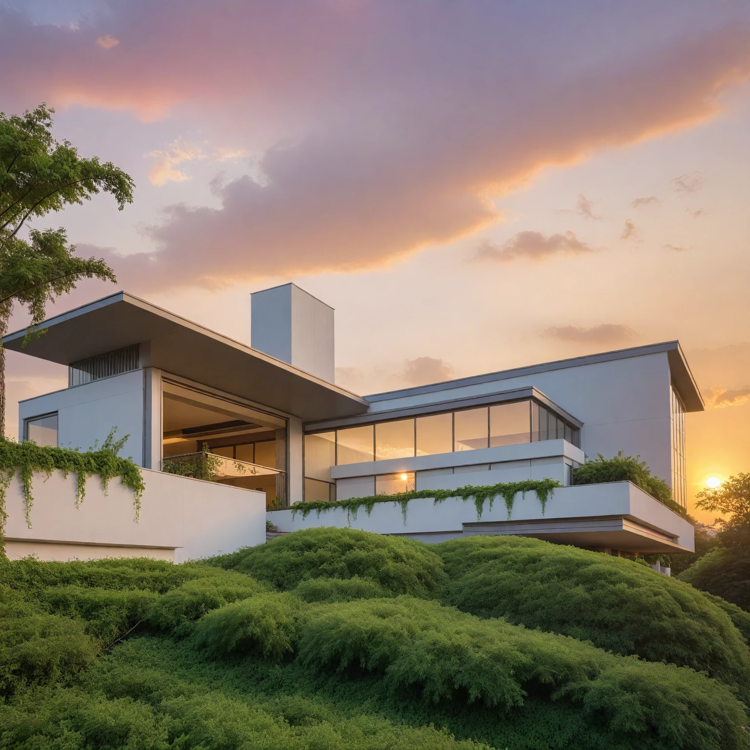 architecture, (HILL) resort, vine, trees, cloud, sunset, vivid colours, sky, masterpiece,best quality,super detailed,realistic,photorealistic, 8k, sharp focus, a photo of a building day light, sun, cloud, RAW Photo, RAW texture, Super Realistic, 32K UHD, DSLR, soft lighting, high quality, film rating, Fujifilm XT3