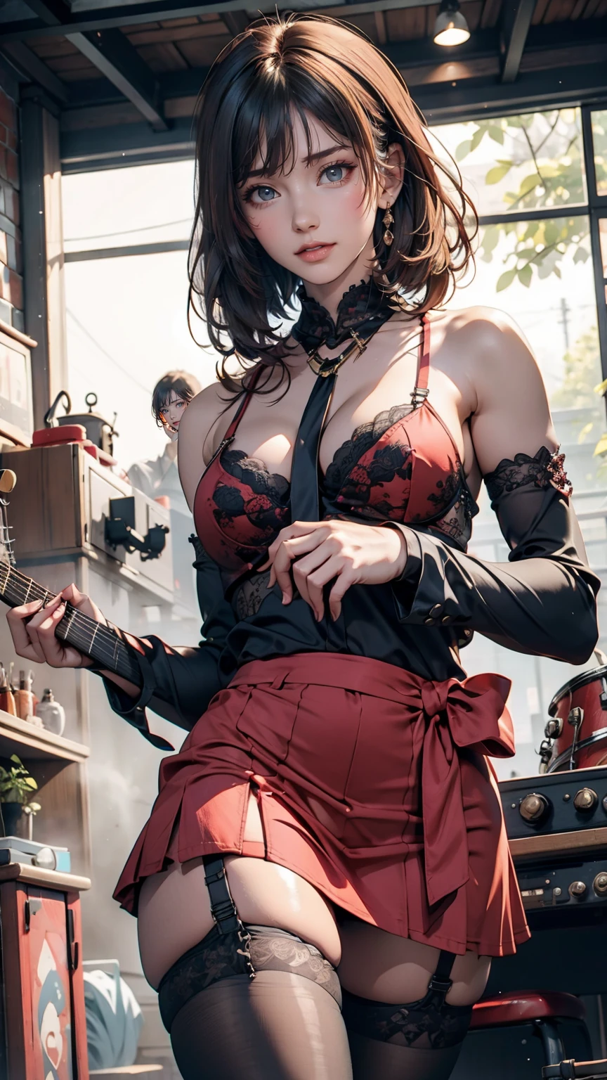 Highest quality,masterpiece,Ultra-high resolution,(Photo realistic:1.4),One Girl,View your audience,Japanese women,garter belt、Garter Stockings、punk、Three Women、Rock Live、Electric guitar、base、drum