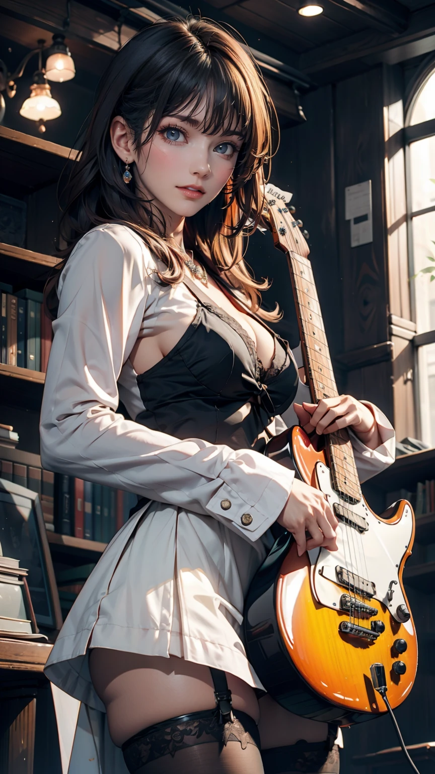 Highest quality,masterpiece,Ultra-high resolution,(Photo realistic:1.4),One Girl,View your audience,Japanese women,garter belt、Garter Stockings、punk、Three Women、Rock Live、Electric guitar、base、drum