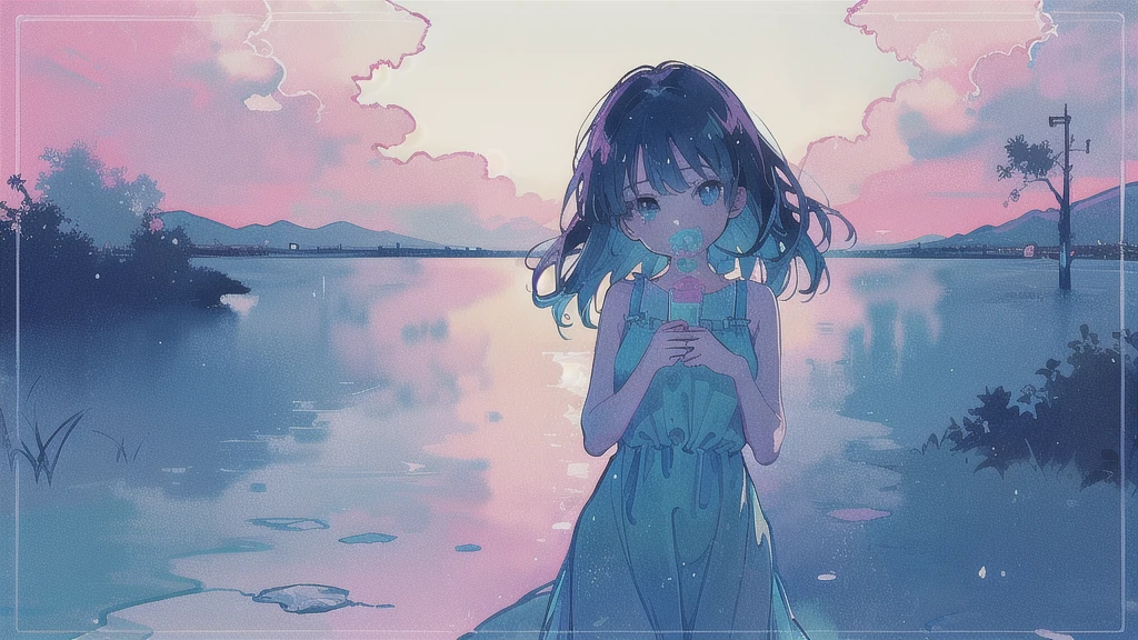 (watercolor), (low contrast), (face, cowboy shot, 1 girl, sundress, look at viewer), nostalgic