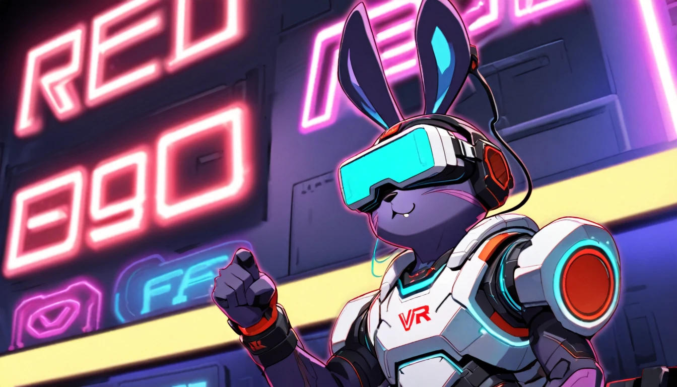 Boss Rabbit has dark purple fur, wears VR glasses, and has a scar on his cheek. glow wire and a neon sci-fi robot suit Behind it is a robot with neon lights. The background image is a large, clearly visible robot. On stage giving a speech