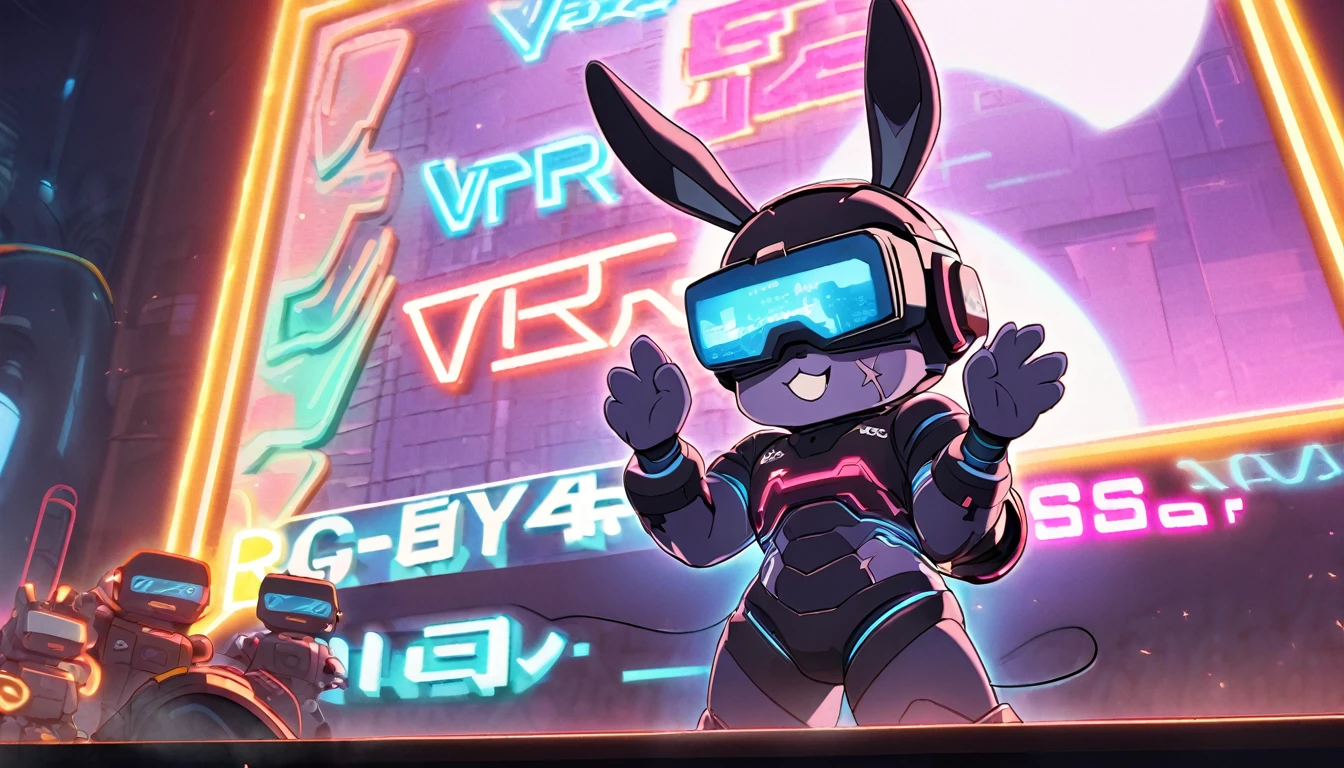 Boss Rabbit has dark purple fur, wears VR glasses, and has a scar on his cheek. glow wire and a neon sci-fi robot suit Behind it is a robot with neon lights. The background image is a large, clearly visible robot. On stage giving a speech