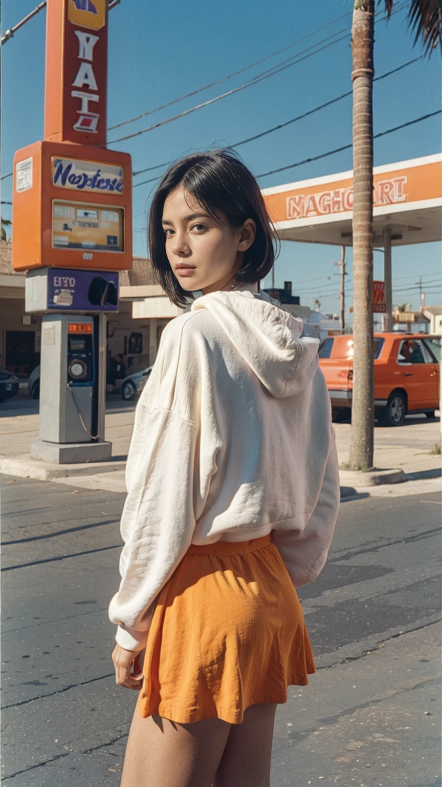 long shot portrait of cute 23 yo girl ,wear ((orange color oversized_hoodie)), wear ((purple tennis skirt)),looking front,Best Quality,Masterpiece,Ultra High Resolution,(Realisticity:1.4),Original Photo, 1Girl, light leak,ultra high resolution,UHD,beautiful, (black bob hair), almond eye, no makeup, in front of ((80's colorful gas station)), (realistic:1.2), (surreal:1.3), (very detailed:1.1), ((masterpiece)),summer, blue sky, palm trees,sunny, los angles vibes,film camera, 800mm lens,style of Philip Lorca diCorcia