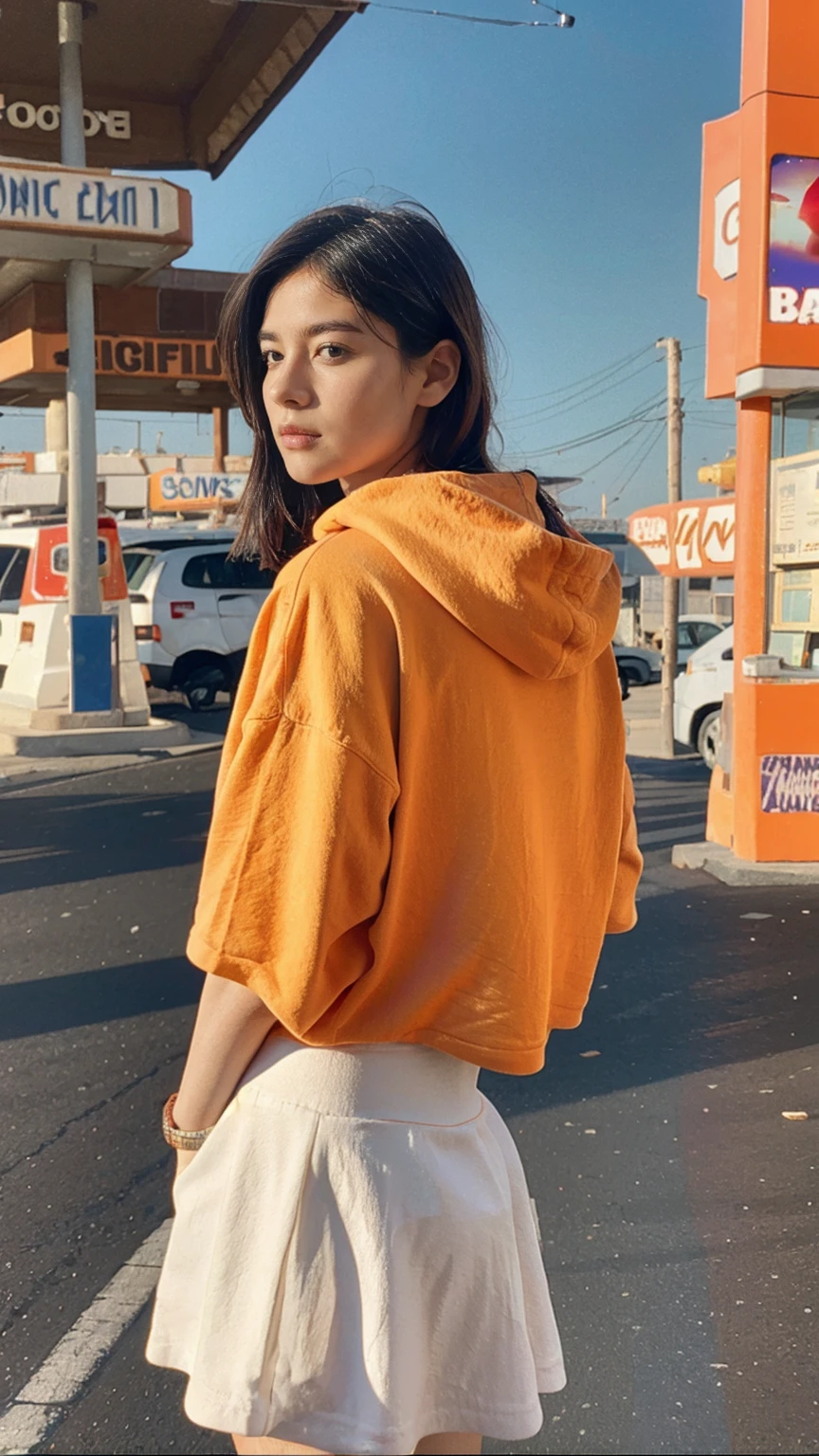 long shot portrait of cute 23 yo girl ,wear ((orange color oversized_hoodie)), wear ((purple tennis skirt)),looking front,Best Quality,Masterpiece,Ultra High Resolution,(Realisticity:1.4),Original Photo, 1Girl, light leak,ultra high resolution,UHD,beautiful, (black bob hair), almond eye, no makeup, in front of ((80's colorful gas station)), (realistic:1.2), (surreal:1.3), (very detailed:1.1), ((masterpiece)),summer, blue sky, palm trees,sunny, los angles vibes,film camera, 800mm lens,style of Philip Lorca diCorcia