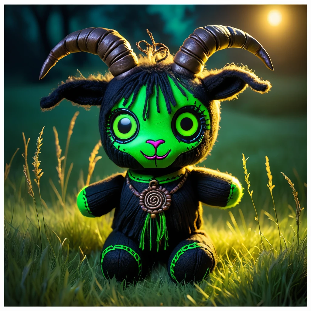 (knitted toy voodoo doll:1.8), (Voodoo Goat in Pasture:1.3), (Clothing: dark fur with glowing green patterns:1.0), (Accessories: enchanted cursed bell, glowing ethereal hooves, mystical haunted field:1.2), (background: eerie pasture with floating, glowing grass and distant bleats:1.2), best quality, masterpiece, detailed soft oil painting, detailed background, dramatic cinematic lighting, soft edge lighting, professional, dramatic lighting, hard edge lighting, ultra quality, 4k, masterpiece, best quality, 8k, ultra high definition, high resolution, extremely detailed