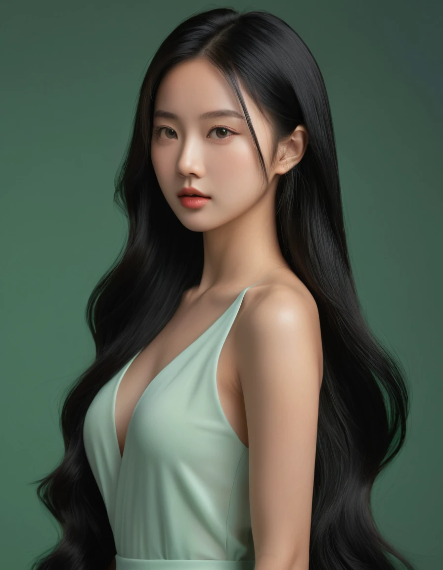 Naked asian girl , Exquisite face ,(Best quality,4K,8k,A high resolution,Masterpiece:1.2), (Realistic,Photorealistic,photo-realistic:1.37)long black hair , full body portrait, jade background