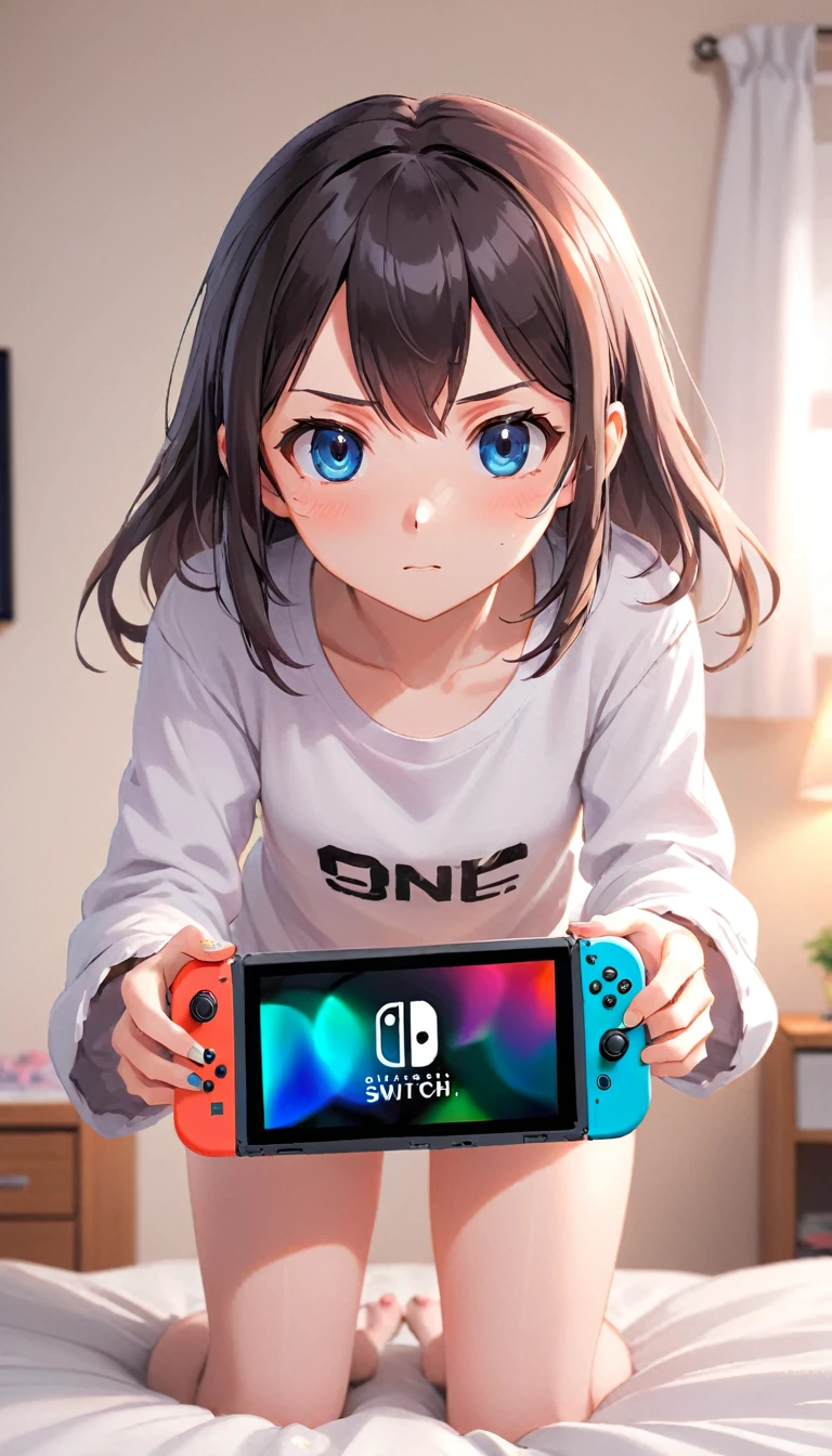 photograph, Anime girl on the Nintendo Switch screen, Bedroom, throw, Woman&#39;s hand