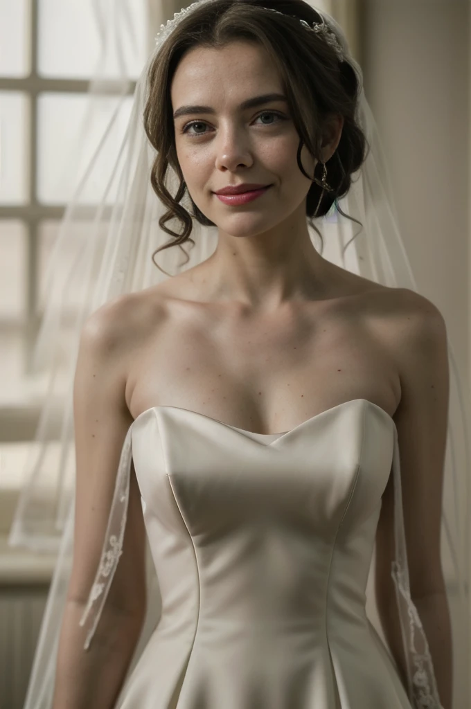 25 year old peggy carter, professionally styled hair and makeup, model photoshoot, masterpiece, photorealistic, high definition, ((wedding dress)), pale skin, freckles, wide hips, small head, tiny head, (((Broad shoulders))), Smiling, happy, pale white skin, small button nose, bright lighting