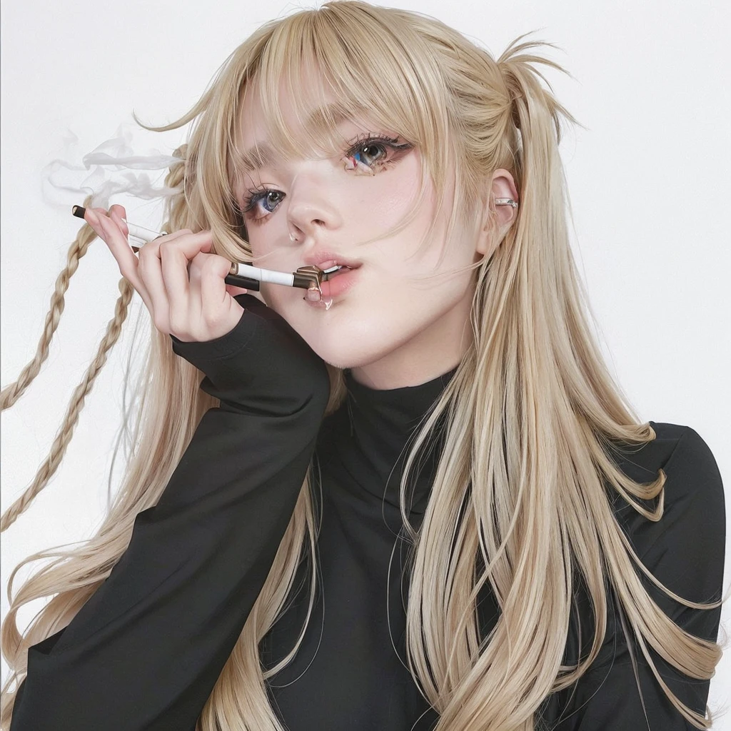 Anime girl with long blonde hair and black top smoking a cigarette., Stop four *, ( ( Stop four # ) ), blonde anime girl with long hair., in an anime style, Stop four, Portrait of Blackpink's Jossi, in bowater art style, anime girl with long hair., detailed portrait of anime girl, anime style portrait, big and voluminous lips, big and voluminous mouth