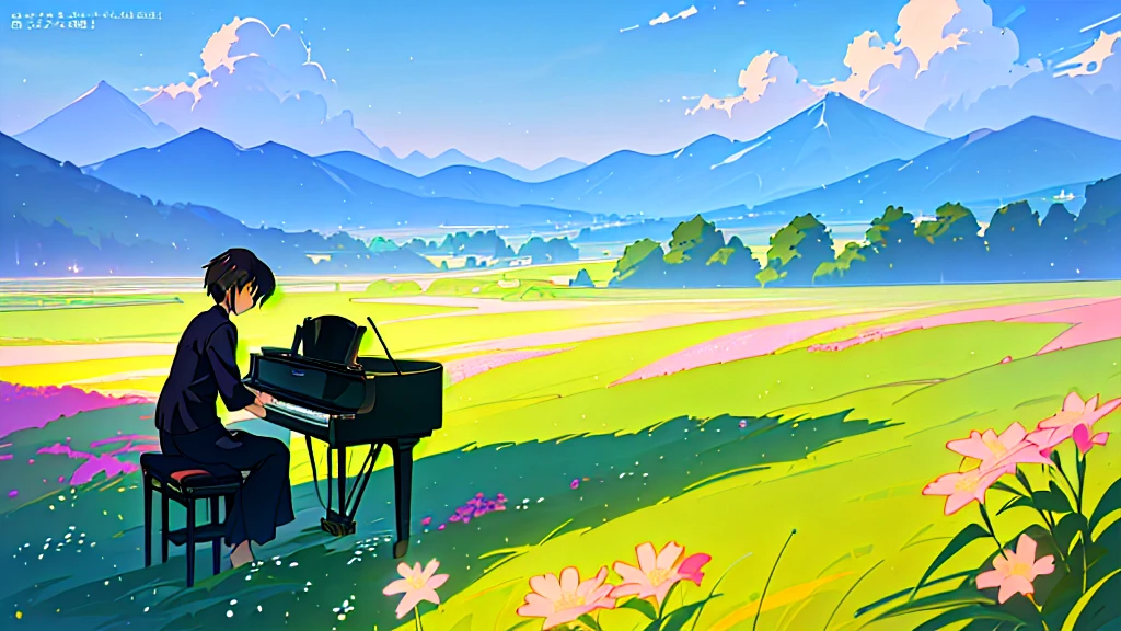 There is a piano in a field with flowers and mountains in the background, Official Artwork, ( ( Makoto Shinkai ) ), Lofi Artstyle, Atei Gailan Style, Full Piano, Beautiful peaceful scene in anime, Official Fan Art, Lofi Art, lofi album art, studio glibly Makoto Shinkai, Official Art