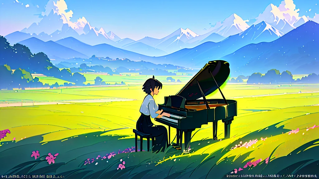 There is a piano in a field with flowers and mountains in the background, Official Artwork, ( ( Makoto Shinkai ) ), Lofi Artstyle, Atei Gailan Style, Full Piano, Beautiful peaceful scene in anime, Official Fan Art, Lofi Art, lofi album art, studio glibly Makoto Shinkai, Official Art